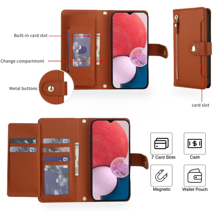 For Samsung Galaxy A13 / M13 5G / A04 / A04s Seven Card Slots Zipper Wallet Leather Phone Case with Lanyard