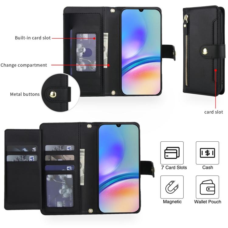 For Samsung Galaxy A05s Seven Card Slots Zipper Wallet Leather Phone Case with Lanyard