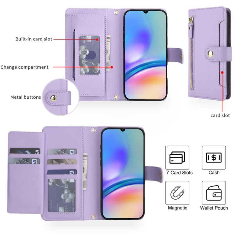 For Samsung Galaxy A05s Seven Card Slots Zipper Wallet Leather Phone Case with Lanyard