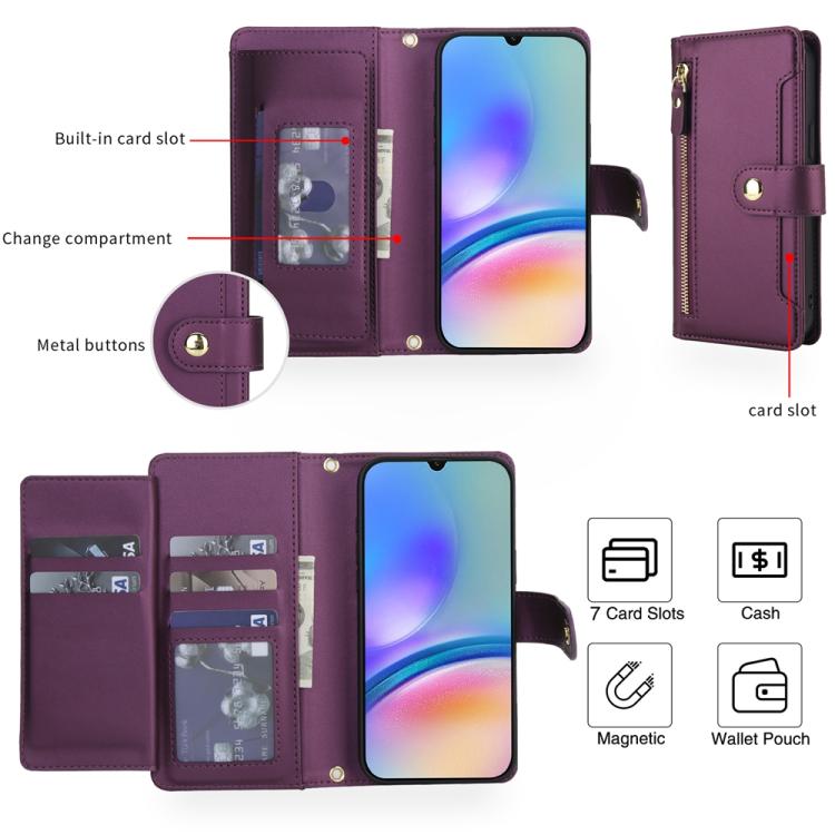 For Samsung Galaxy A05s Seven Card Slots Zipper Wallet Leather Phone Case with Lanyard