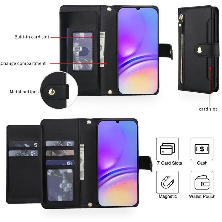 For Samsung Galaxy A05 / F05 / M05 Seven Card Slots Zipper Wallet Leather Phone Case with Lanyard