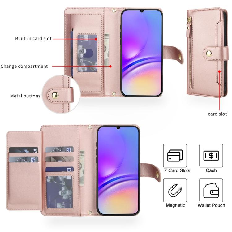 For Samsung Galaxy A05 / F05 / M05 Seven Card Slots Zipper Wallet Leather Phone Case with Lanyard