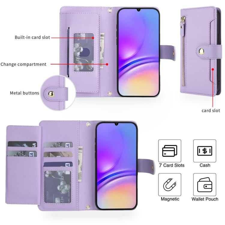 For Samsung Galaxy A05 / F05 / M05 Seven Card Slots Zipper Wallet Leather Phone Case with Lanyard