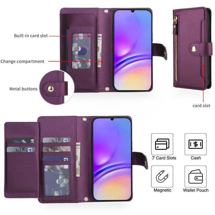 For Samsung Galaxy A05 / F05 / M05 Seven Card Slots Zipper Wallet Leather Phone Case with Lanyard