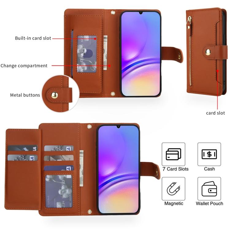 For Samsung Galaxy A05 / F05 / M05 Seven Card Slots Zipper Wallet Leather Phone Case with Lanyard
