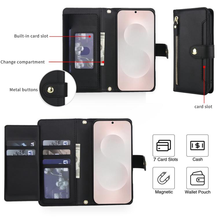For Samsung Galaxy S25 Edge 5G Seven Card Slots Zipper Wallet Leather Phone Case with Lanyard
