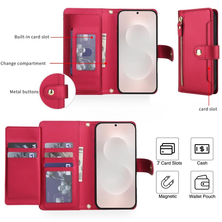 For Samsung Galaxy S25 Edge 5G Seven Card Slots Zipper Wallet Leather Phone Case with Lanyard