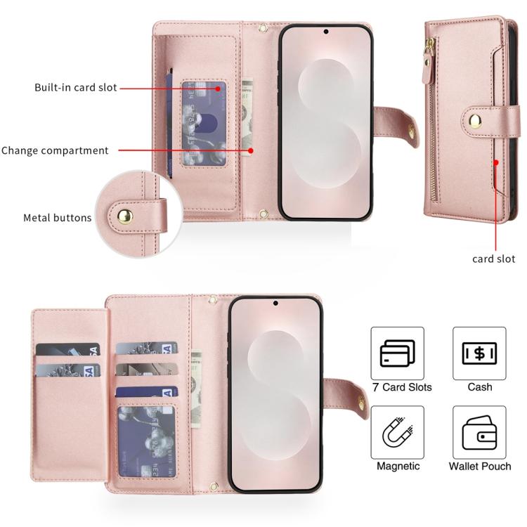 For Samsung Galaxy S25 Edge 5G Seven Card Slots Zipper Wallet Leather Phone Case with Lanyard