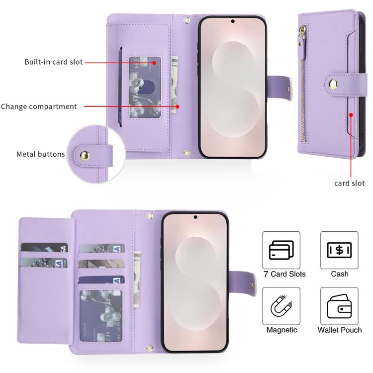 For Samsung Galaxy S25 Edge 5G Seven Card Slots Zipper Wallet Leather Phone Case with Lanyard