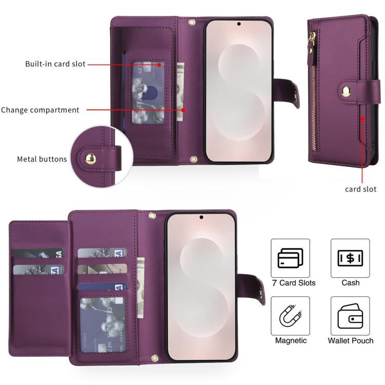 For Samsung Galaxy S25 Edge 5G Seven Card Slots Zipper Wallet Leather Phone Case with Lanyard
