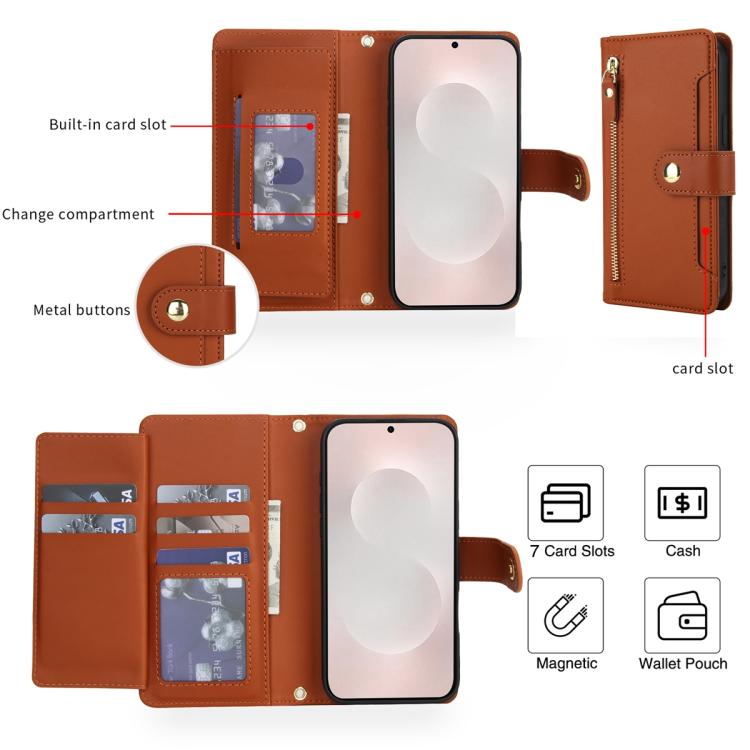 For Samsung Galaxy S25 Edge 5G Seven Card Slots Zipper Wallet Leather Phone Case with Lanyard