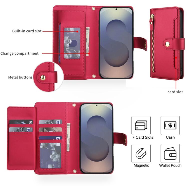 For Samsung Galaxy S25 Ultra 5G Seven Card Slots Zipper Wallet Leather Phone Case with Lanyard