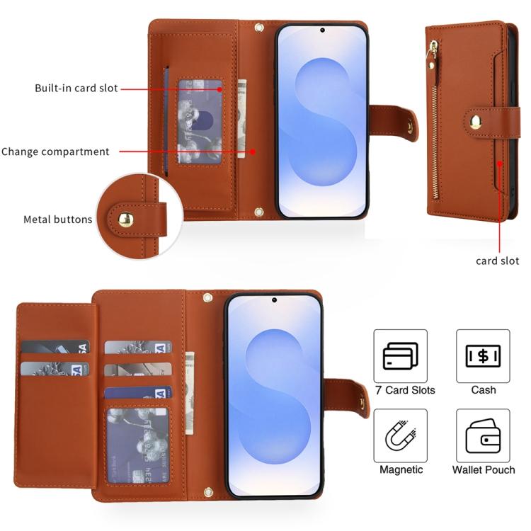For Samsung Galaxy S25+ 5G / S24+ 5G Seven Card Slots Zipper Wallet Leather Phone Case with Lanyard