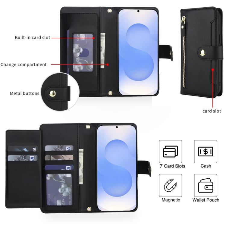 For Samsung Galaxy S25 FE 5G Seven Card Slots Zipper Wallet Leather Phone Case with Lanyard
