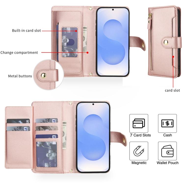 For Samsung Galaxy S25 FE 5G Seven Card Slots Zipper Wallet Leather Phone Case with Lanyard