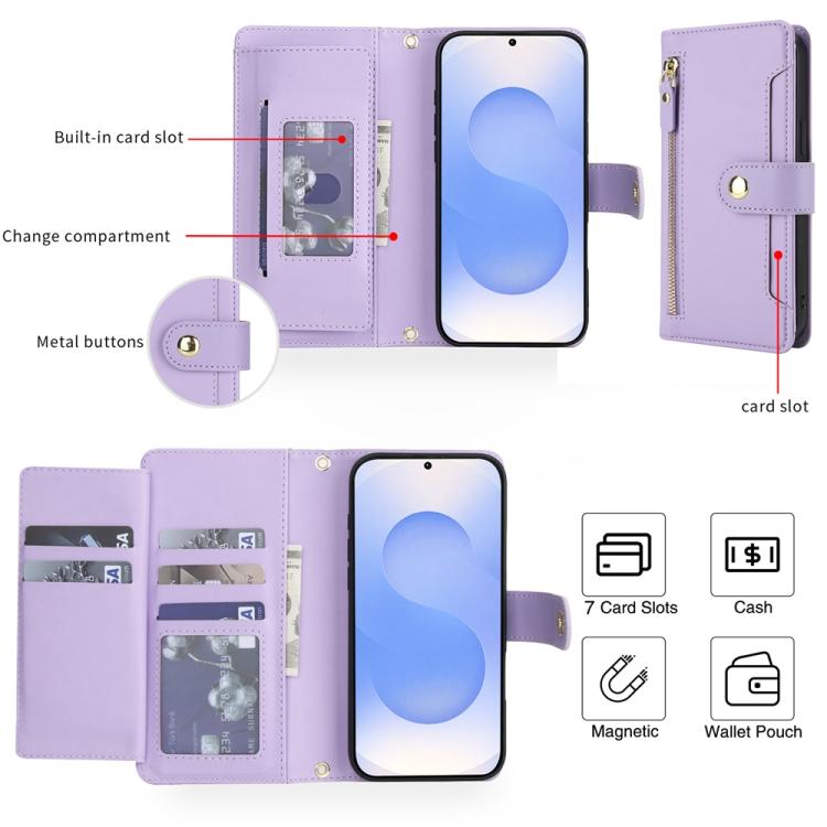 For Samsung Galaxy S25 FE 5G Seven Card Slots Zipper Wallet Leather Phone Case with Lanyard