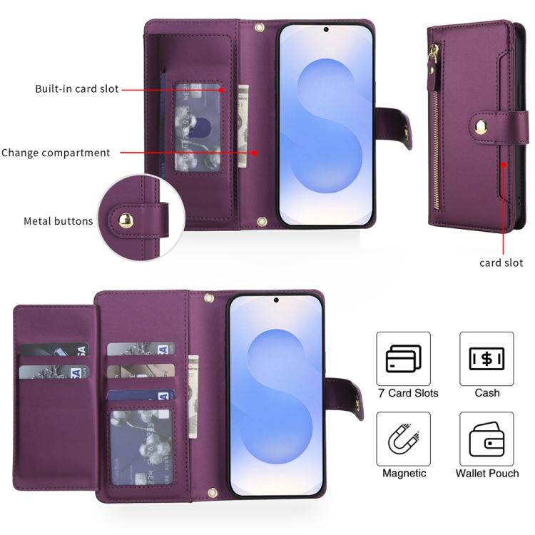 For Samsung Galaxy S25 FE 5G Seven Card Slots Zipper Wallet Leather Phone Case with Lanyard