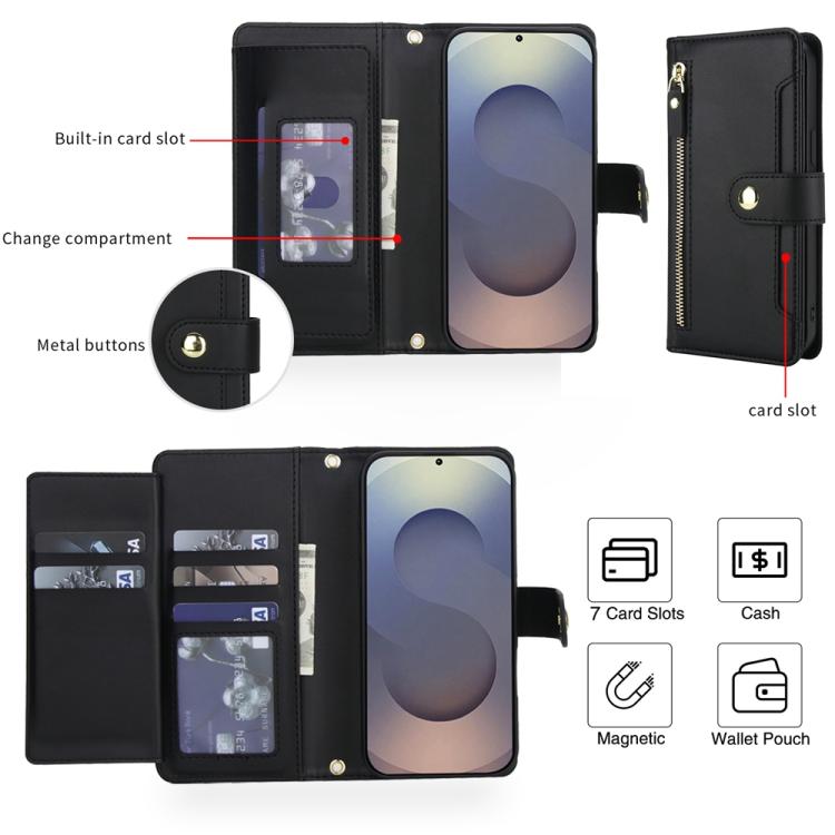 For Samsung Galaxy S24 Ultra 5G Seven Card Slots Zipper Wallet Leather Phone Case with Lanyard