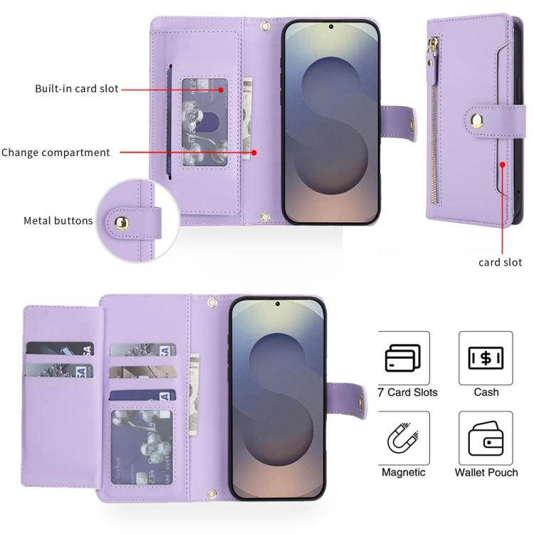 For Samsung Galaxy S24 Ultra 5G Seven Card Slots Zipper Wallet Leather Phone Case with Lanyard