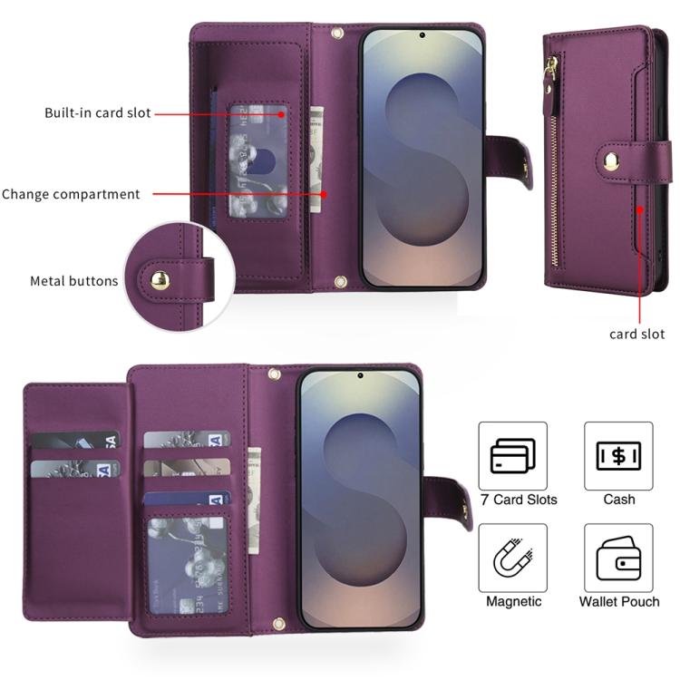 For Samsung Galaxy S24 Ultra 5G Seven Card Slots Zipper Wallet Leather Phone Case with Lanyard