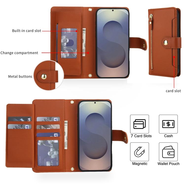 For Samsung Galaxy S24 Ultra 5G Seven Card Slots Zipper Wallet Leather Phone Case with Lanyard