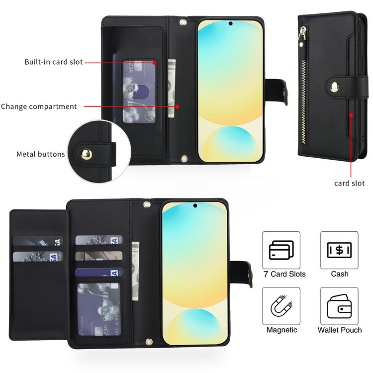 For Samsung Galaxy S24 FE 5G Seven Card Slots Zipper Wallet Leather Phone Case with Lanyard