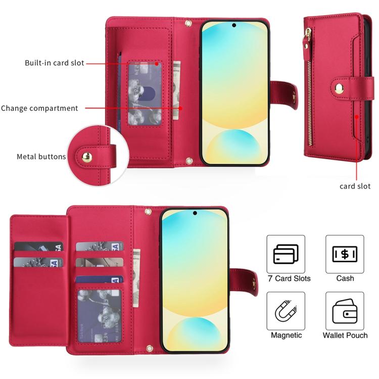 For Samsung Galaxy S24 FE 5G Seven Card Slots Zipper Wallet Leather Phone Case with Lanyard