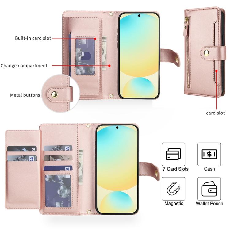 For Samsung Galaxy S24 FE 5G Seven Card Slots Zipper Wallet Leather Phone Case with Lanyard