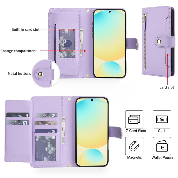 For Samsung Galaxy S24 FE 5G Seven Card Slots Zipper Wallet Leather Phone Case with Lanyard