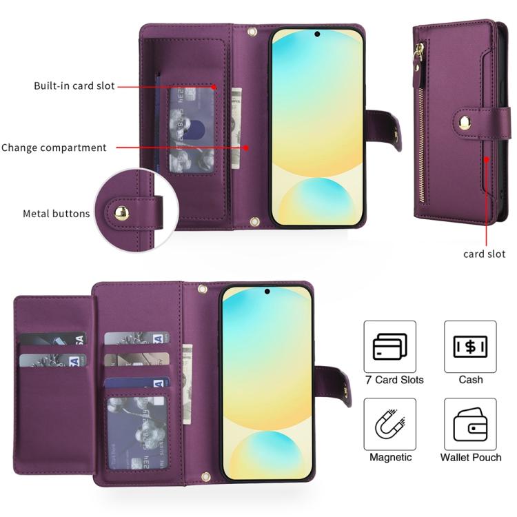 For Samsung Galaxy S24 FE 5G Seven Card Slots Zipper Wallet Leather Phone Case with Lanyard