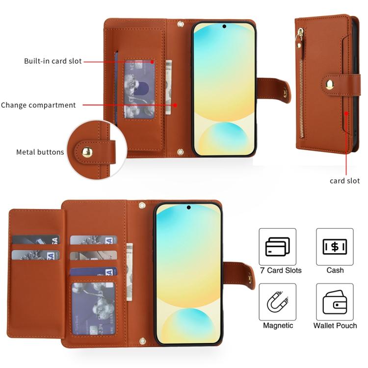 For Samsung Galaxy S24 FE 5G Seven Card Slots Zipper Wallet Leather Phone Case with Lanyard