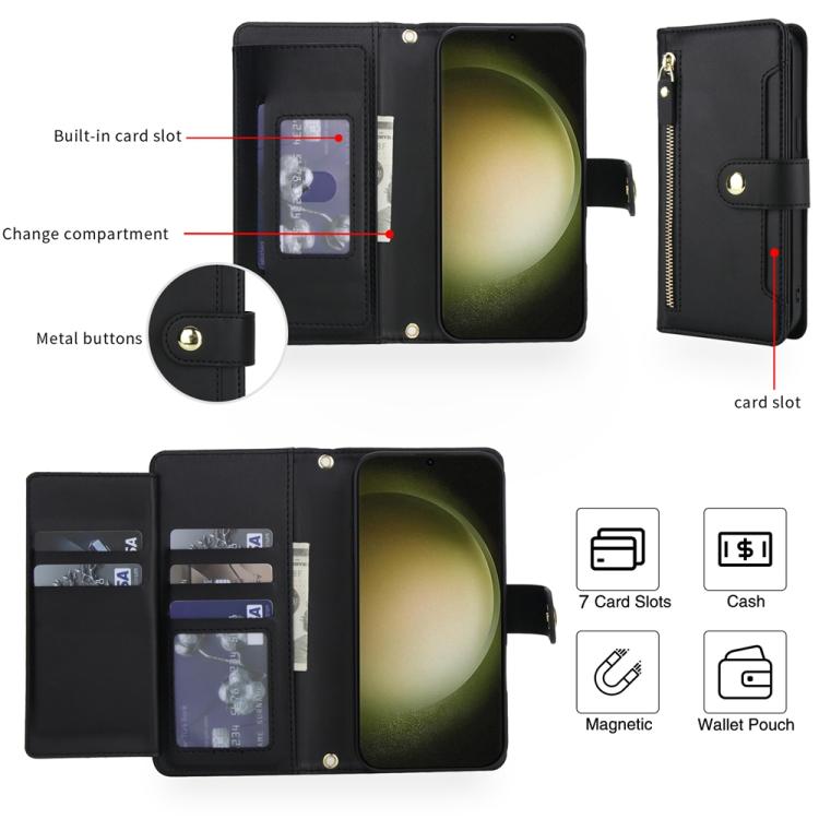 For Samsung Galaxy S23 Ultra 5G Seven Card Slots Zipper Wallet Leather Phone Case with Lanyard