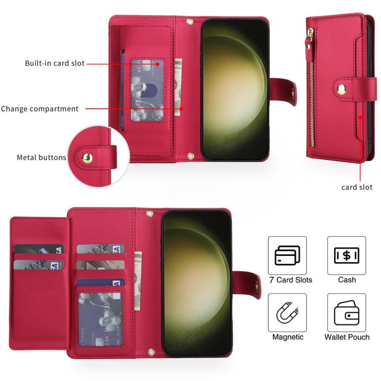For Samsung Galaxy S23 Ultra 5G Seven Card Slots Zipper Wallet Leather Phone Case with Lanyard