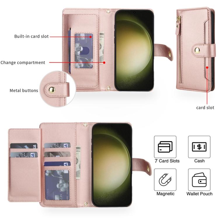 For Samsung Galaxy S23 Ultra 5G Seven Card Slots Zipper Wallet Leather Phone Case with Lanyard