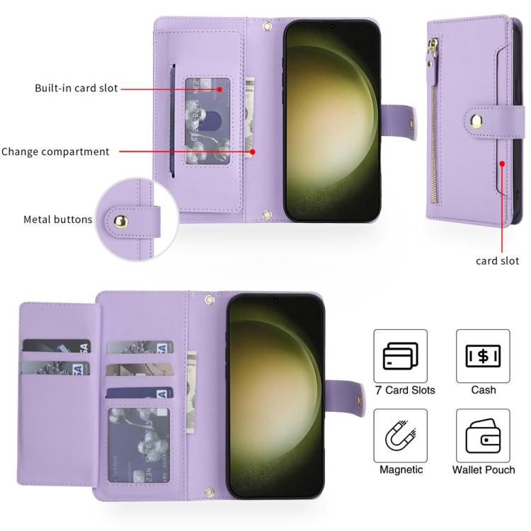 For Samsung Galaxy S23 Ultra 5G Seven Card Slots Zipper Wallet Leather Phone Case with Lanyard