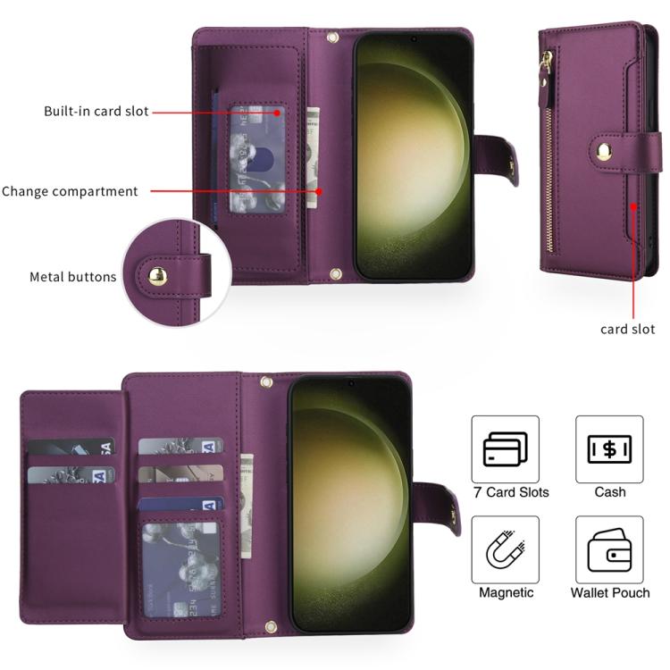 For Samsung Galaxy S23 Ultra 5G Seven Card Slots Zipper Wallet Leather Phone Case with Lanyard