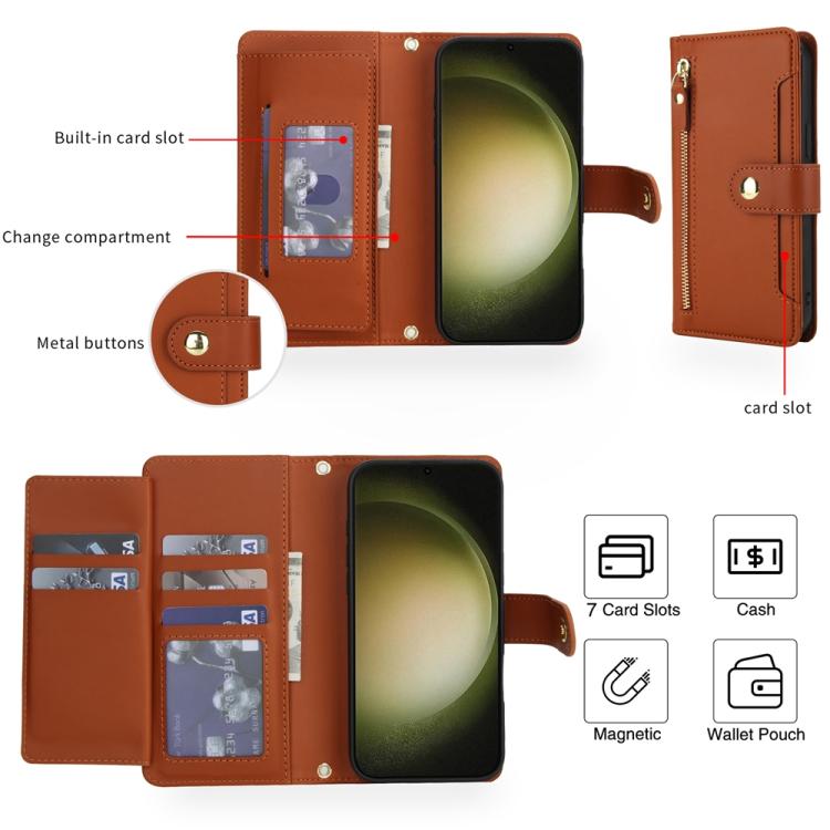 For Samsung Galaxy S23 Ultra 5G Seven Card Slots Zipper Wallet Leather Phone Case with Lanyard