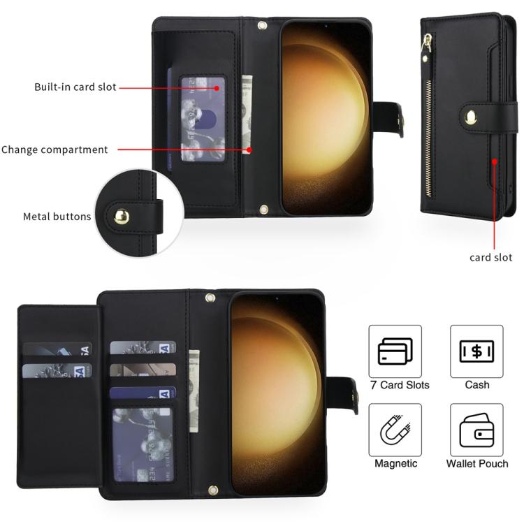 For Samsung Galaxy S23 5G Seven Card Slots Zipper Wallet Leather Phone Case with Lanyard