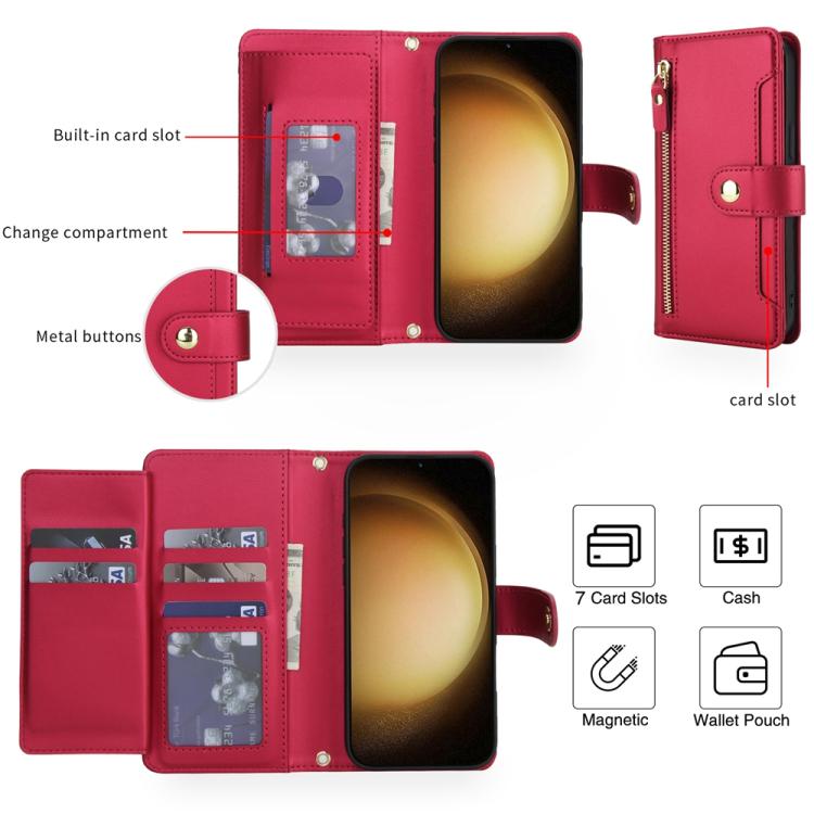 For Samsung Galaxy S23 5G Seven Card Slots Zipper Wallet Leather Phone Case with Lanyard