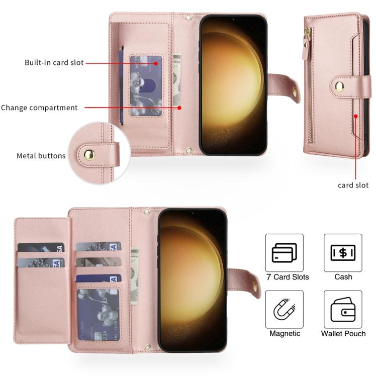 For Samsung Galaxy S23 5G Seven Card Slots Zipper Wallet Leather Phone Case with Lanyard