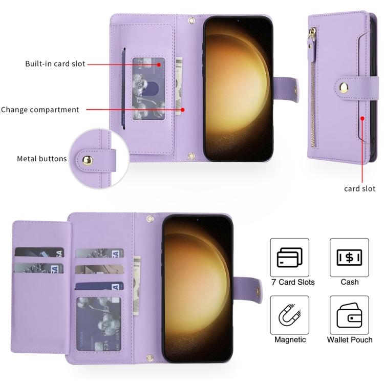 For Samsung Galaxy S23 5G Seven Card Slots Zipper Wallet Leather Phone Case with Lanyard