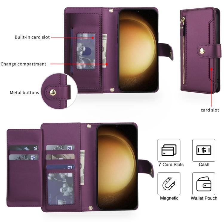 For Samsung Galaxy S23 5G Seven Card Slots Zipper Wallet Leather Phone Case with Lanyard