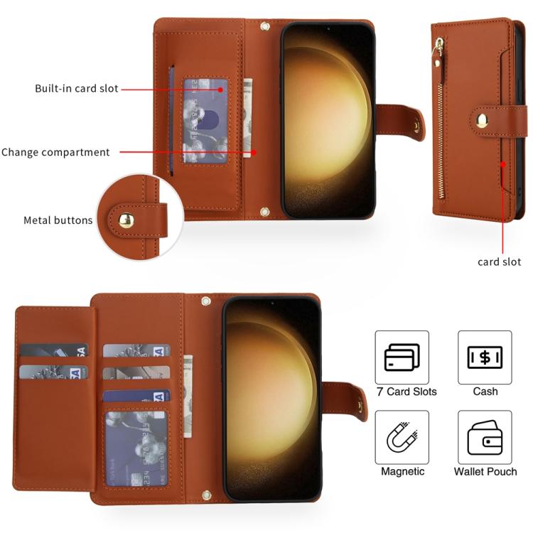 For Samsung Galaxy S23 5G Seven Card Slots Zipper Wallet Leather Phone Case with Lanyard