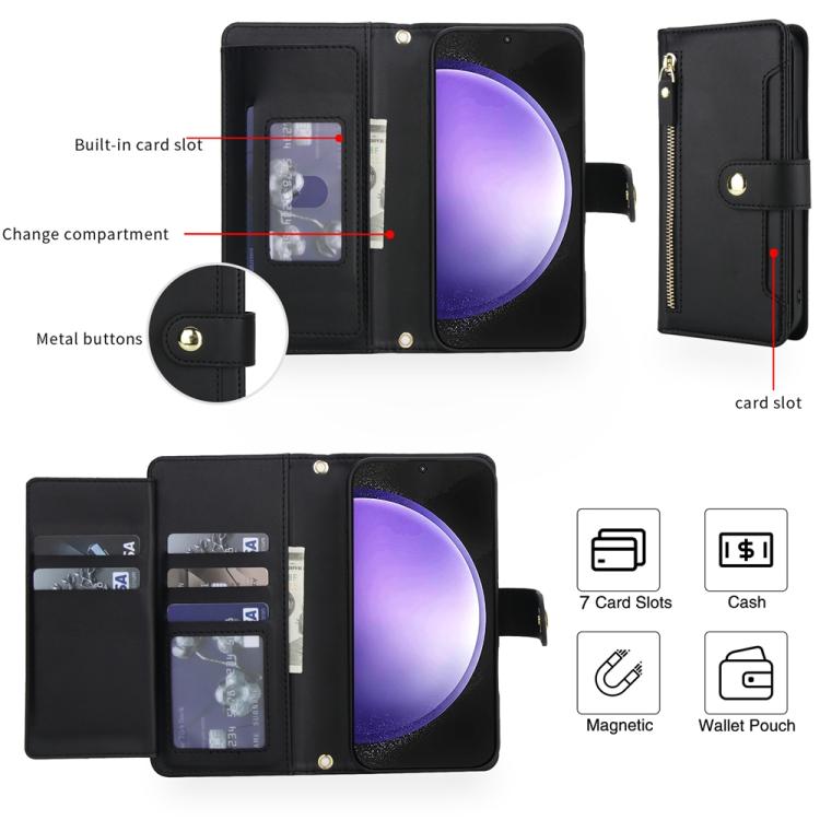 For Samsung Galaxy S23 FE 5G Seven Card Slots Zipper Wallet Leather Phone Case with Lanyard