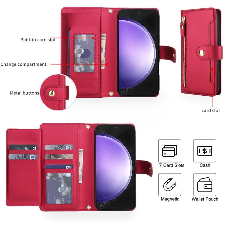 For Samsung Galaxy S23 FE 5G Seven Card Slots Zipper Wallet Leather Phone Case with Lanyard