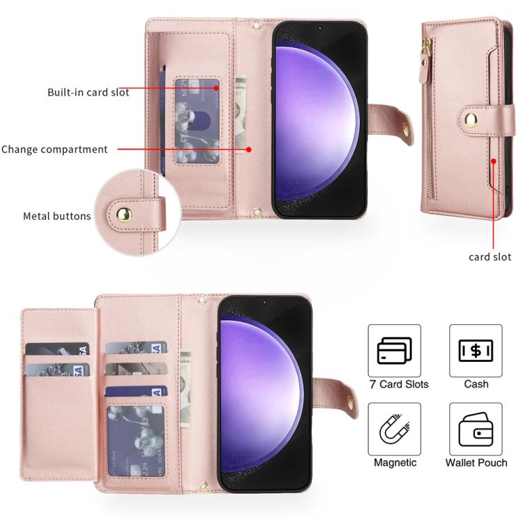 For Samsung Galaxy S23 FE 5G Seven Card Slots Zipper Wallet Leather Phone Case with Lanyard