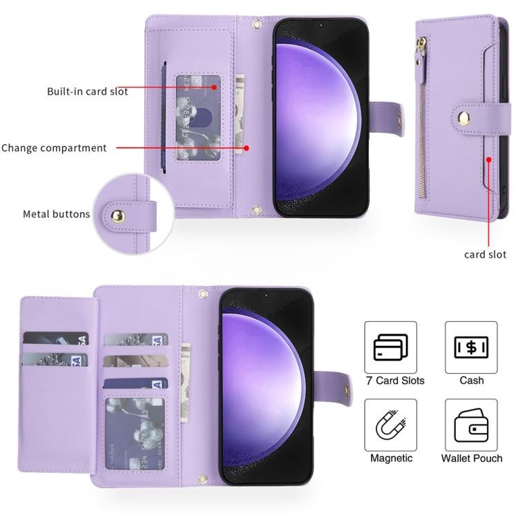 For Samsung Galaxy S23 FE 5G Seven Card Slots Zipper Wallet Leather Phone Case with Lanyard