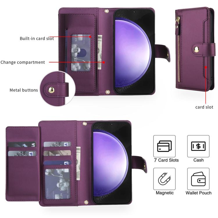 For Samsung Galaxy S23 FE 5G Seven Card Slots Zipper Wallet Leather Phone Case with Lanyard