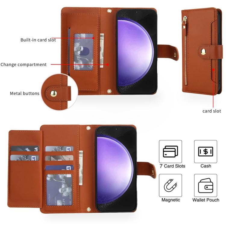 For Samsung Galaxy S23 FE 5G Seven Card Slots Zipper Wallet Leather Phone Case with Lanyard