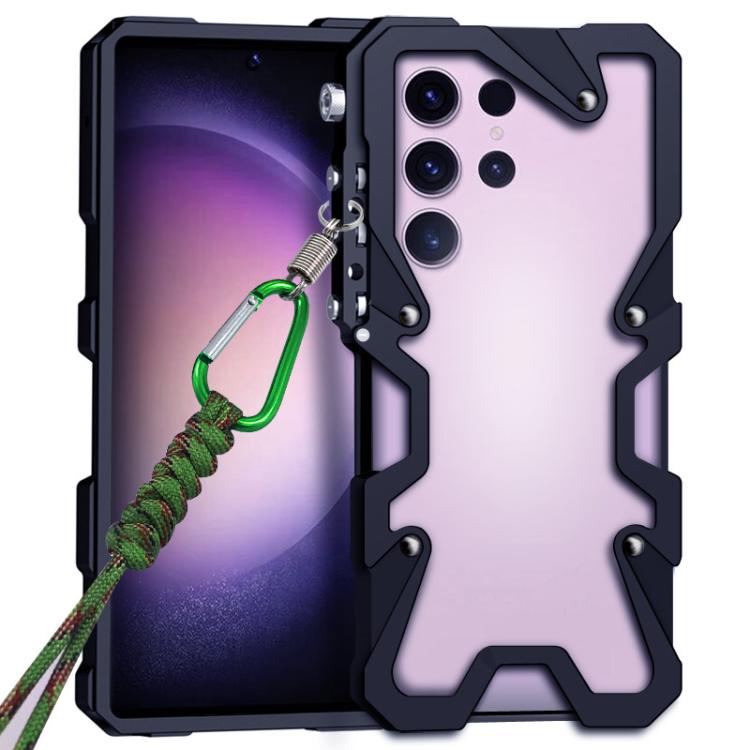 For Samsung Galaxy S23 Ultra 5G Trigger Design Hollow Metal Frame Phone Case with Lanyard
